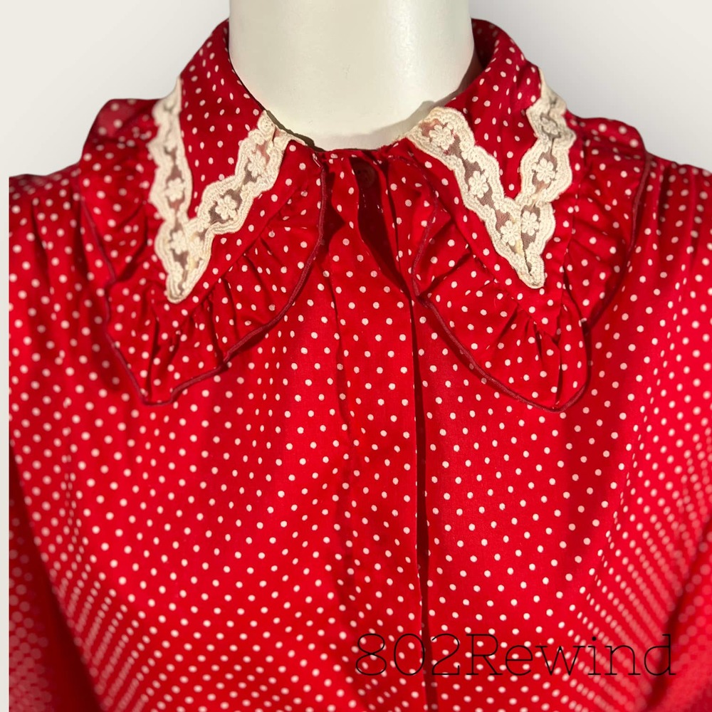 Vintage Emmanuel Schvili (6) Blouse Red Polka-Dot Lace Ruffle Collar Cottage